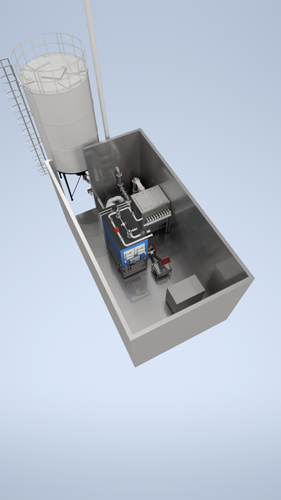 Top-down render of a Ranheat M17 1100kW biomass boiler installed in a plant room with an external conical fuel silo
