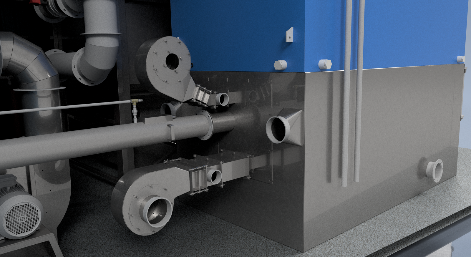 Close-up render of the rear of a Ranheat M17 biomass boiler showing the retort flange, transfer screws and fuel-handling pipework