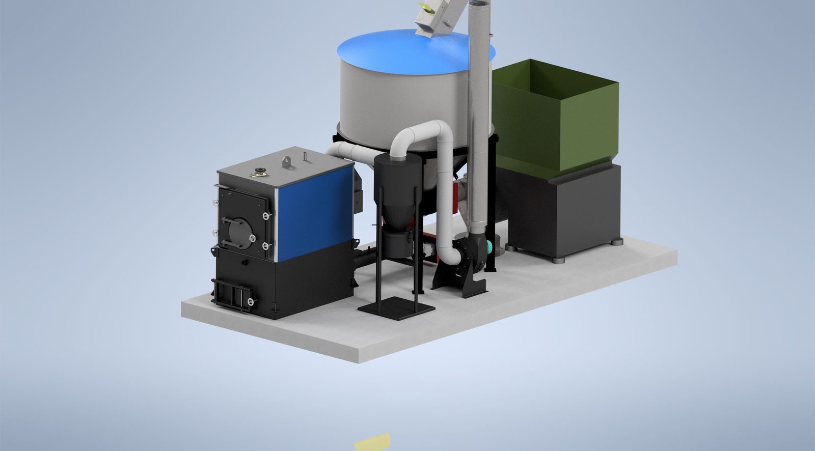 Isometric view of Ranheat MSU 150 wood waste boiler with 2m conical silo, hogger loader bin and single cyclone