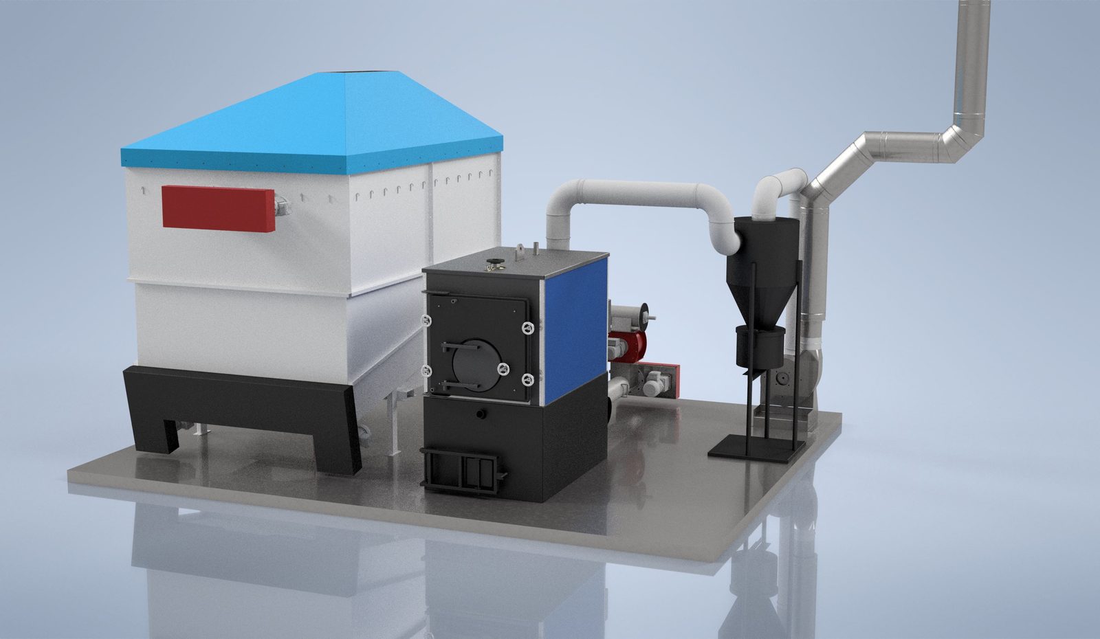Ranheat MSU 150 wood waste boiler with a flat-bottom bunker silo and single cyclone