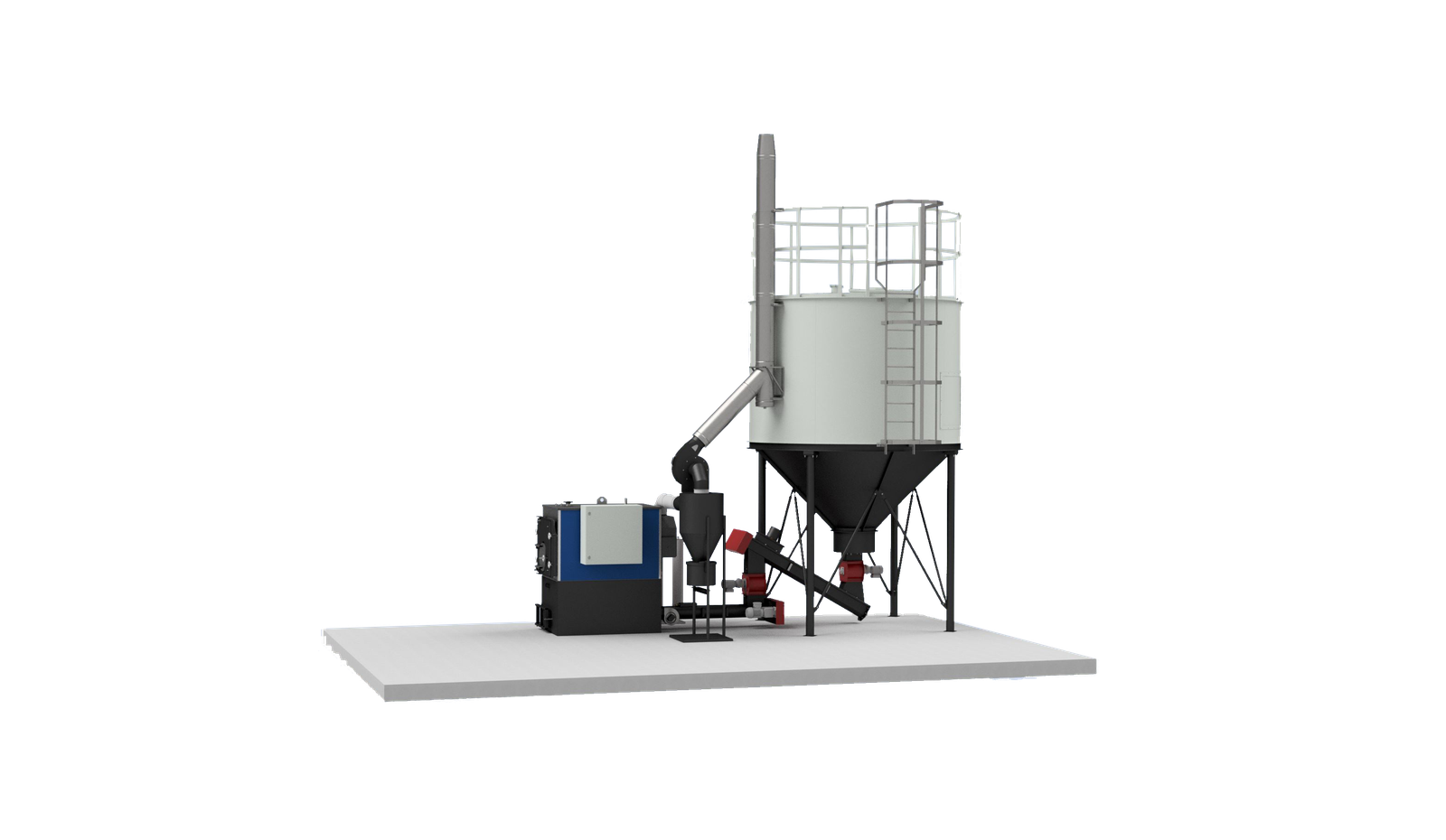 Wide side-view render of a Ranheat MSU 150 150kW biomass boiler with a 3m diameter single-ring C14 conical fuel silo