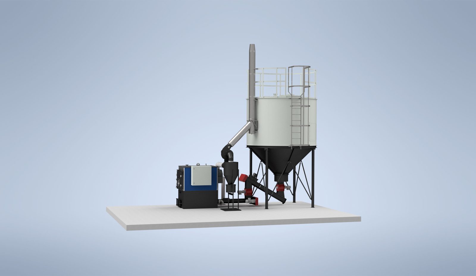 Side view render of a Ranheat MSU 150 wood waste boiler with a 3m 1-ring C14 conical silo and single cyclone
