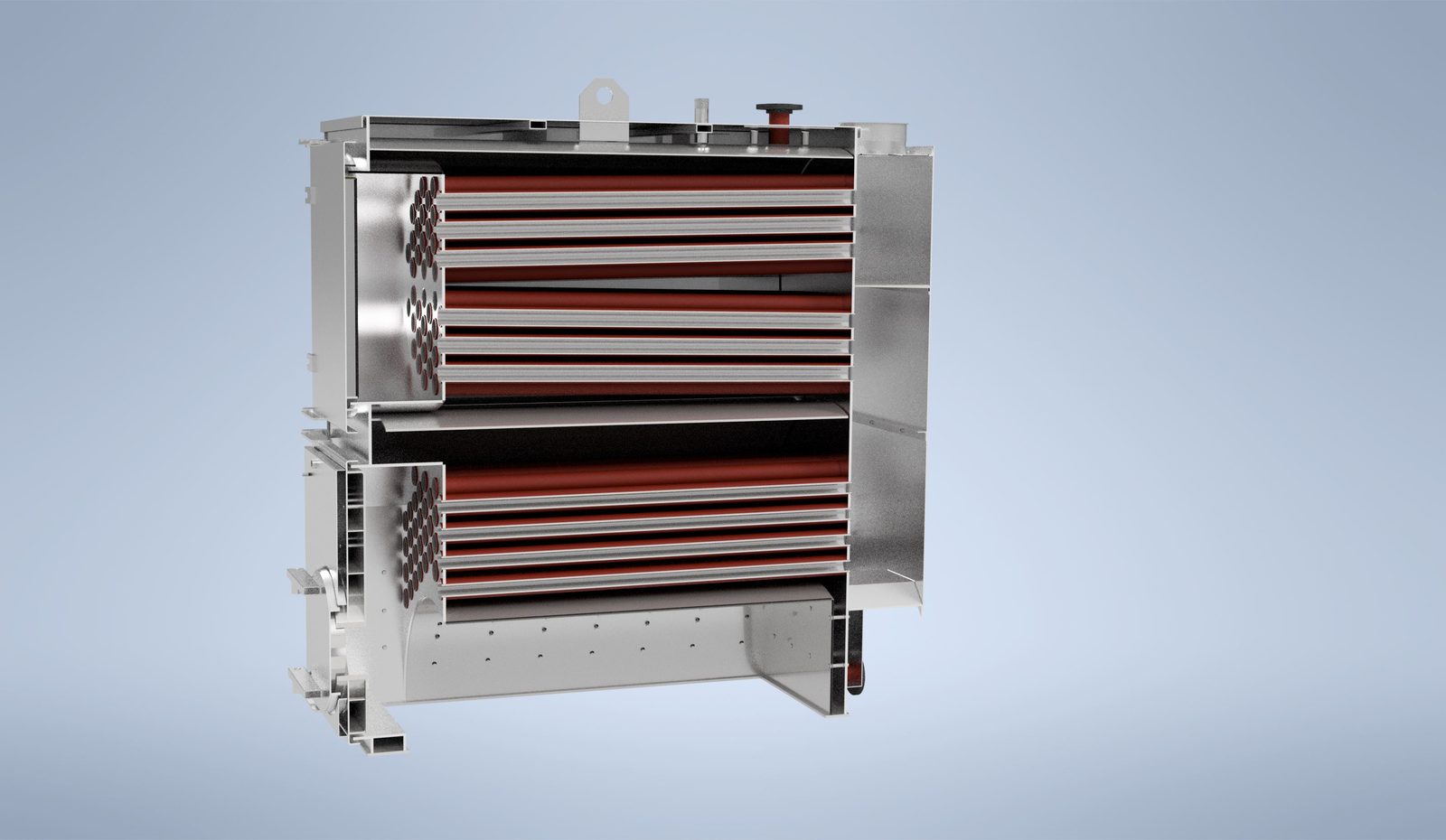 Cutaway render of a Ranheat MSU 150 wood waste boiler fitted with an economiser, uprated to 195kW