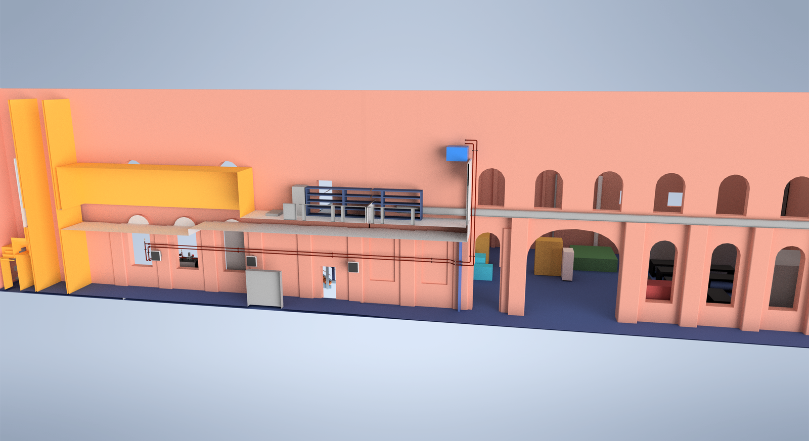 3D render of a Ranheat MSU 150 wood waste LTHW boiler in cyan livery with white flow and return pipework and a multicyclone