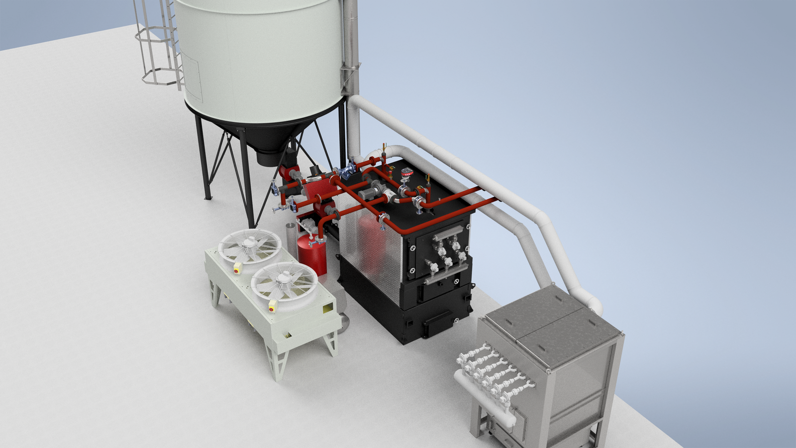 Top-down render of a Ranheat MSU 300 biomass boiler for the Adams project with ceramic filter, dissipator and conical fuel silo