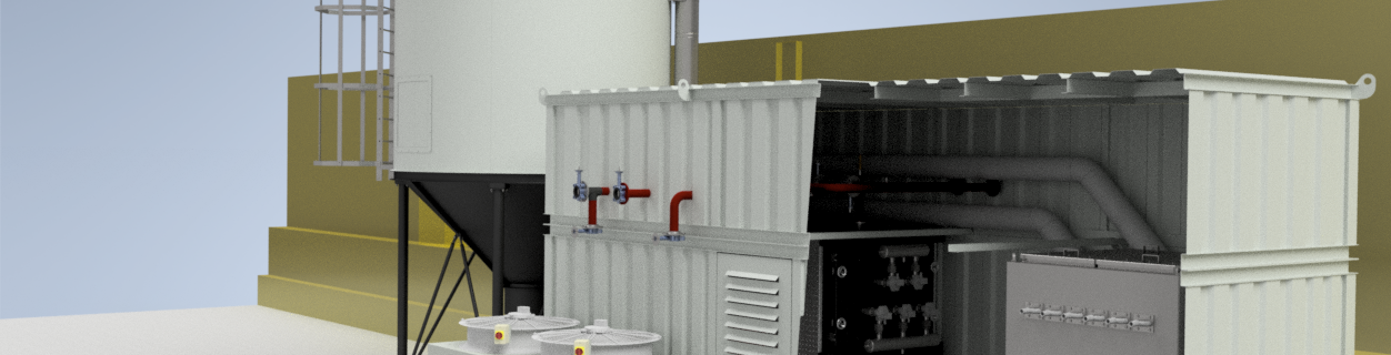 Cutaway render of a Ranheat MSU 300 installation for the Adams project showing ceramic filter pipework and ducting