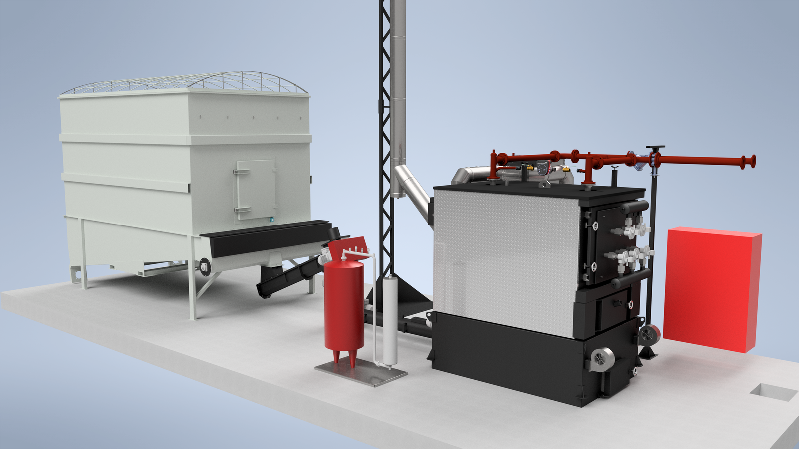 Ranheat MSU 300 300kW biomass boiler with a 16m3 B16 flat-bottom bunker silo arranged in a straight in-line layout