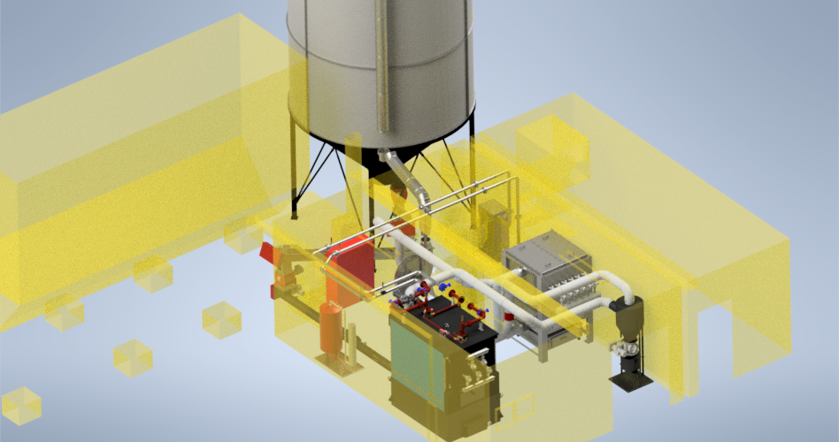 Ranheat MSU 300 300kW biomass boiler working layout for Brown and Carroll with grit arrester and conical fuel silo