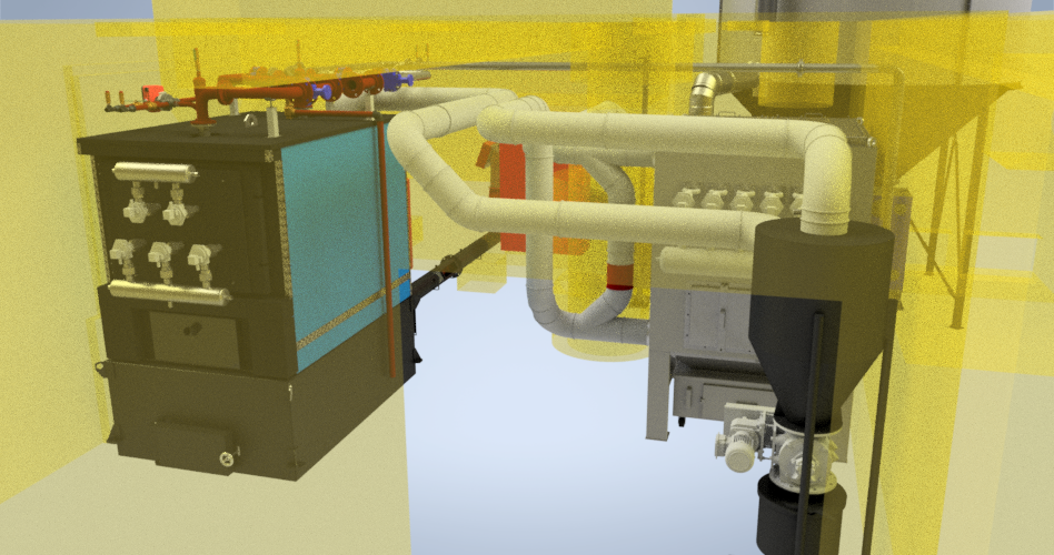 Close-up render of Ranheat MSU 300 biomass boiler with grit arrester and flue-gas ducting for Brown and Carroll