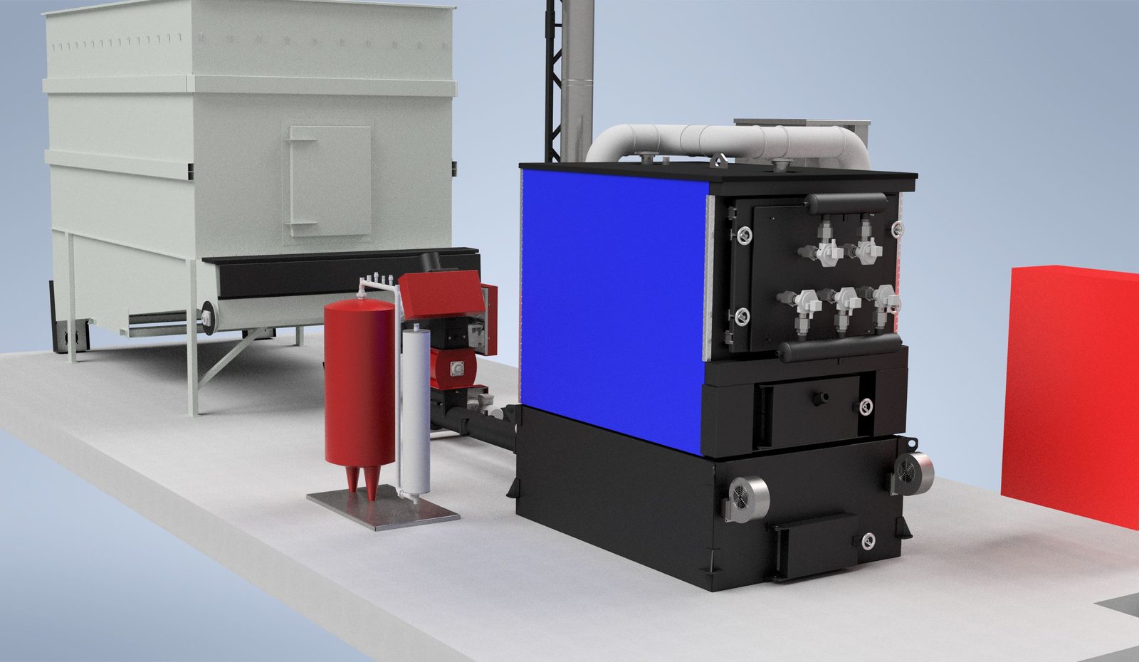 Ranheat MSU 300 300kW biomass boiler with a large flat-bottom bunker silo measuring approximately 4m x 3m x 2.5m
