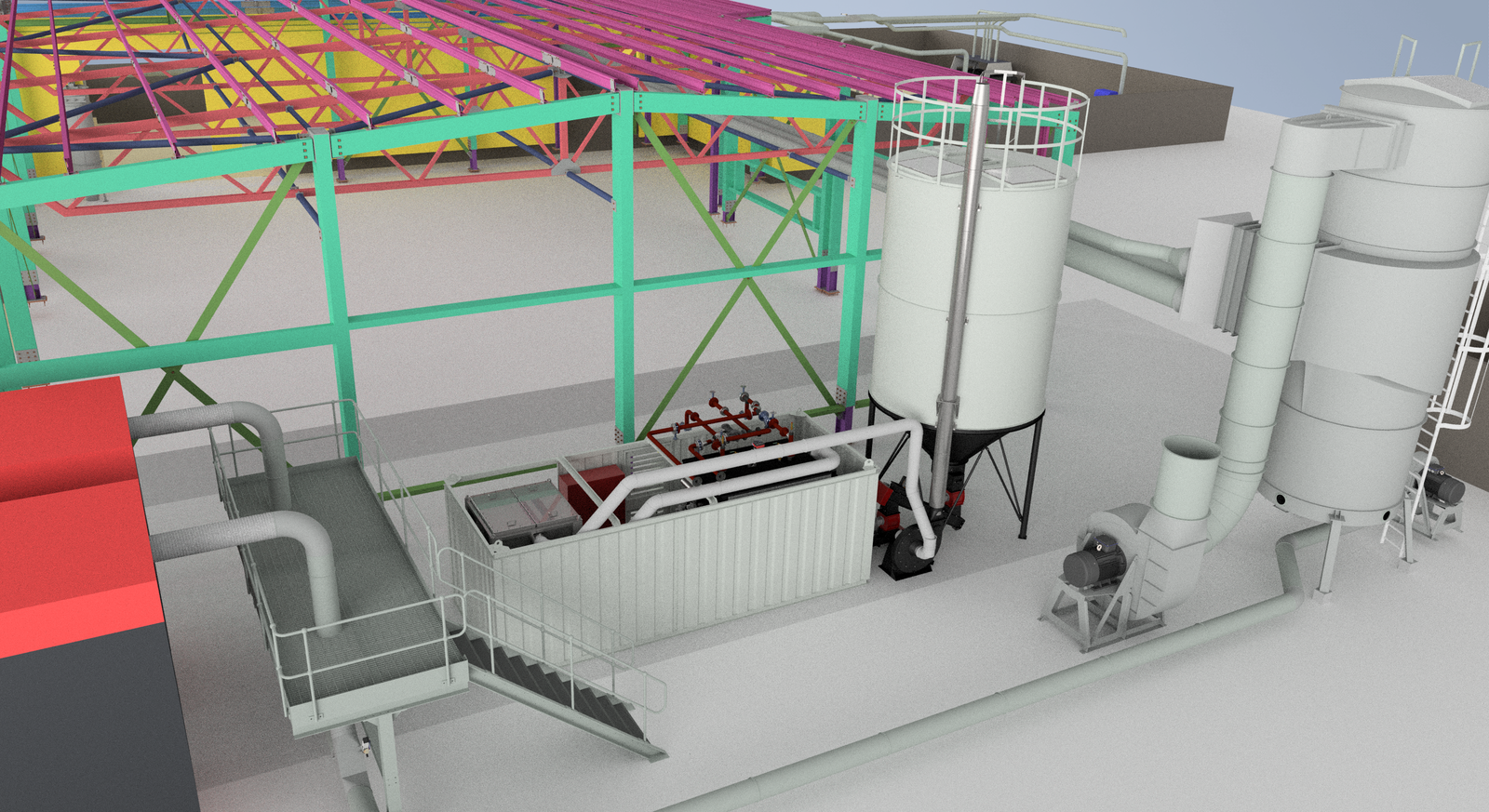 3D layout render of a Ranheat MSU 300 biomass energy centre for in , showing boiler, bunker silo, twin conical silos and cyclone