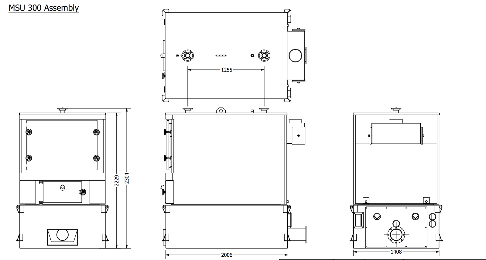 MSU 300 assembly general arrangement drawing with front, side, top and rear views and key dimensions