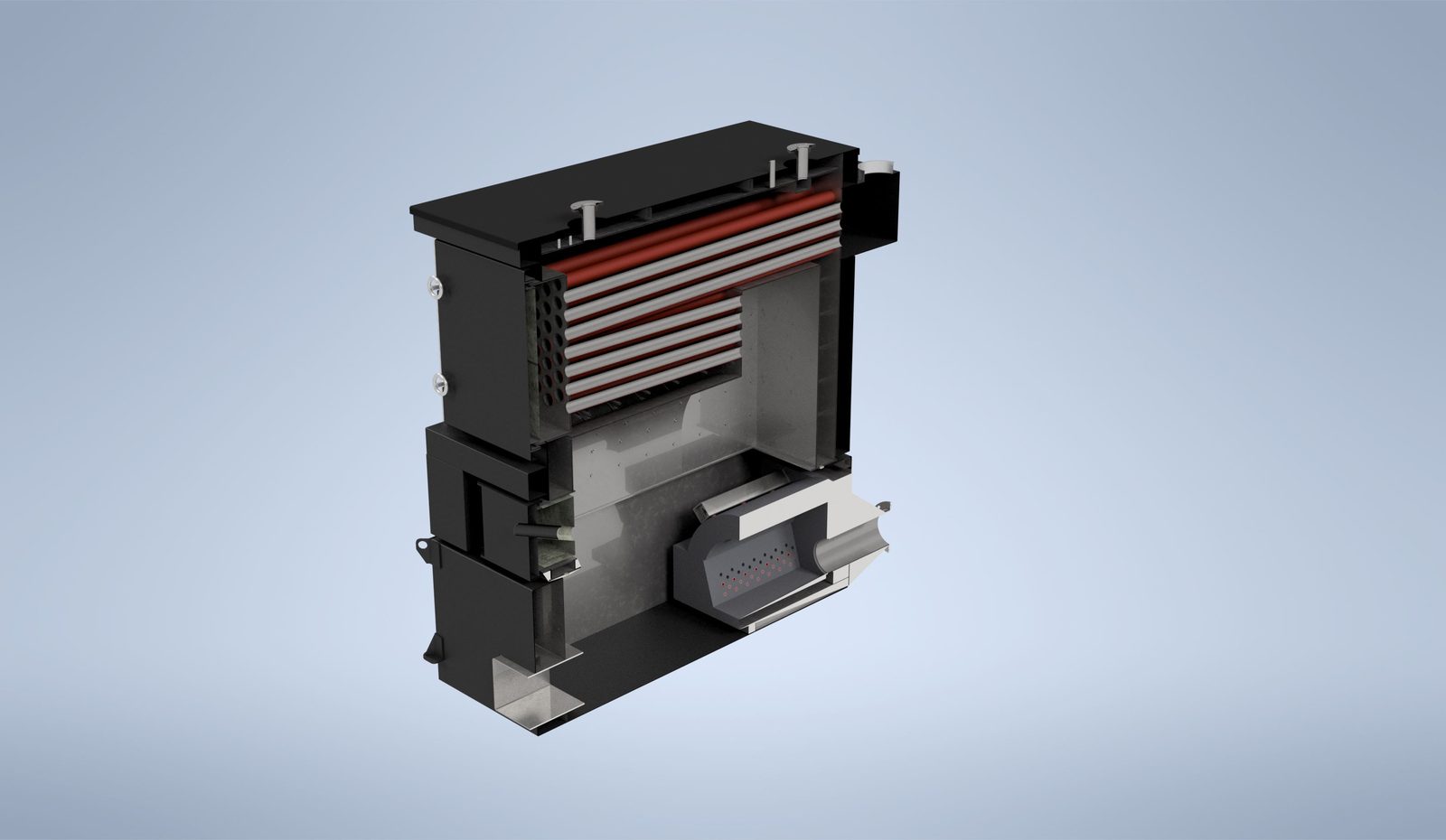 Perspective cutaway render of a Ranheat MSU 300 horseshoe wet back biomass boiler showing fire tubes and retort