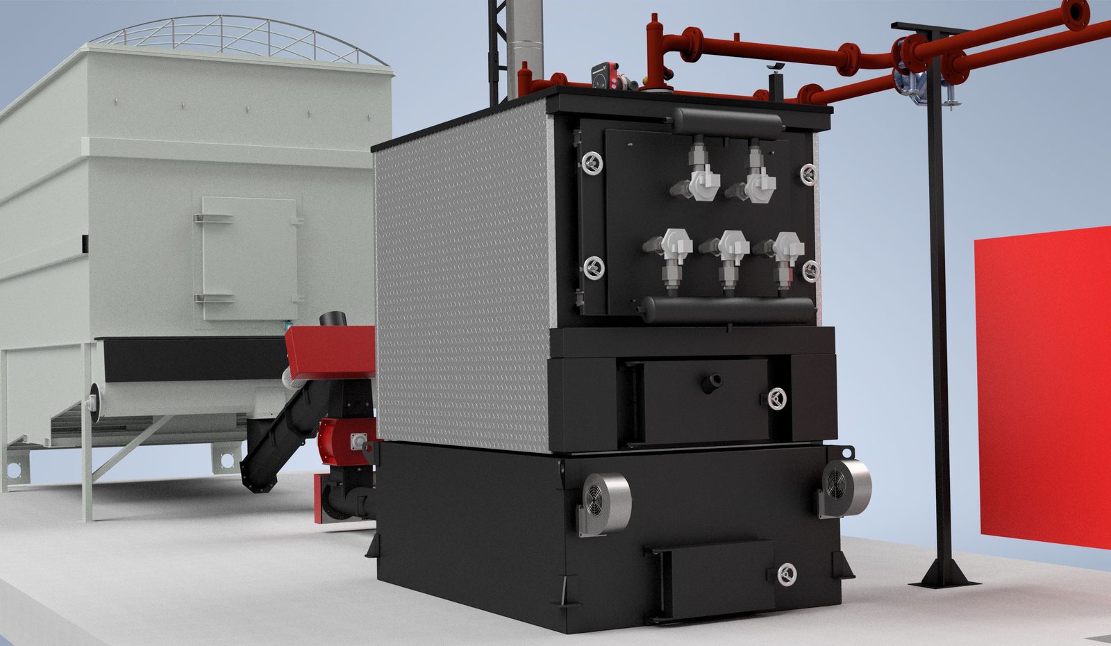 Perspective render of a Ranheat MSU 300 300kW biomass boiler with stoker feed and a bunker fuel silo