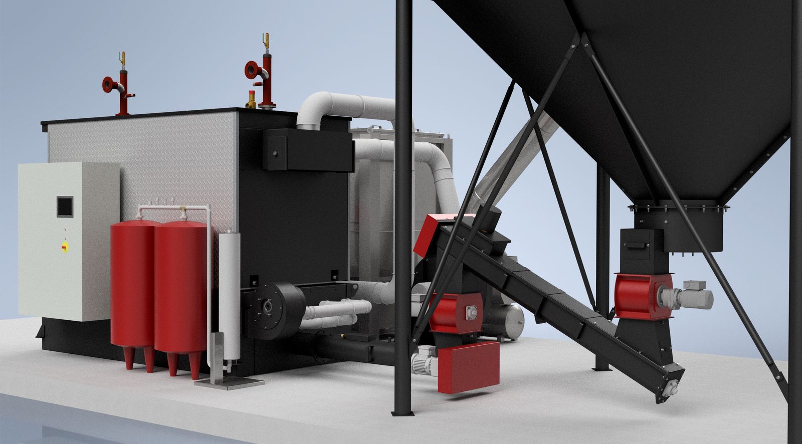 Rear view render of a Ranheat MSU 450 wood waste boiler and 4m 2-ring C50 conical silo showing the stoker feed