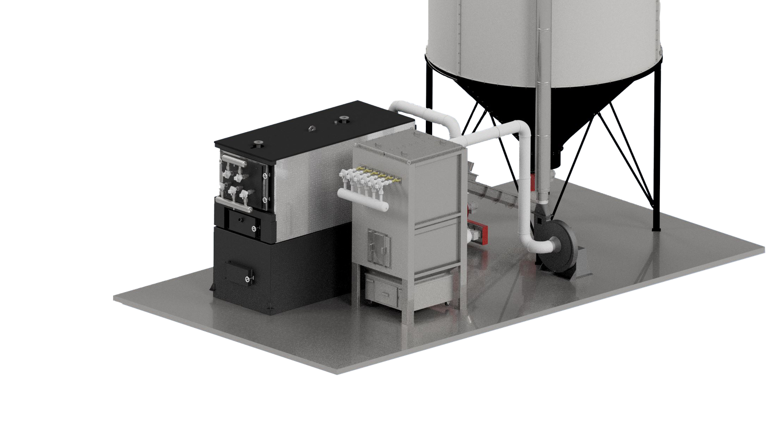 Cut-out render of a Ranheat MSU 600 wood waste boiler with ceramic filter and 4m 2-ring C50 conical silo on a transparent background