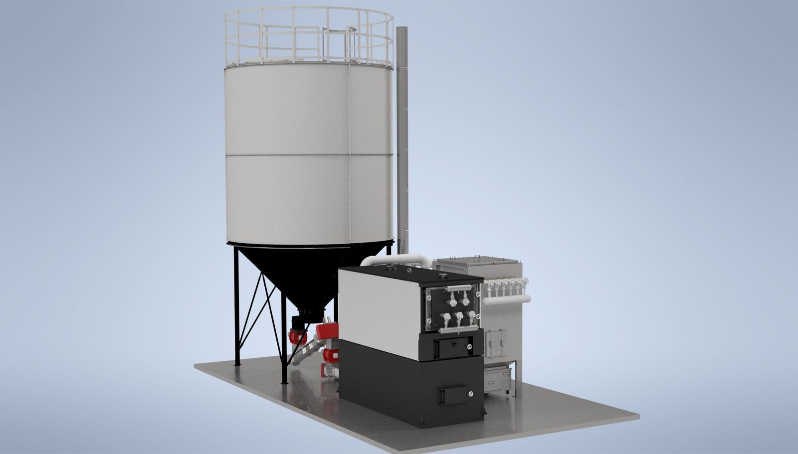 Wide perspective render of a Ranheat MSU 600 wood waste boiler, ceramic filter and 4m 2-ring C50 conical fuel silo