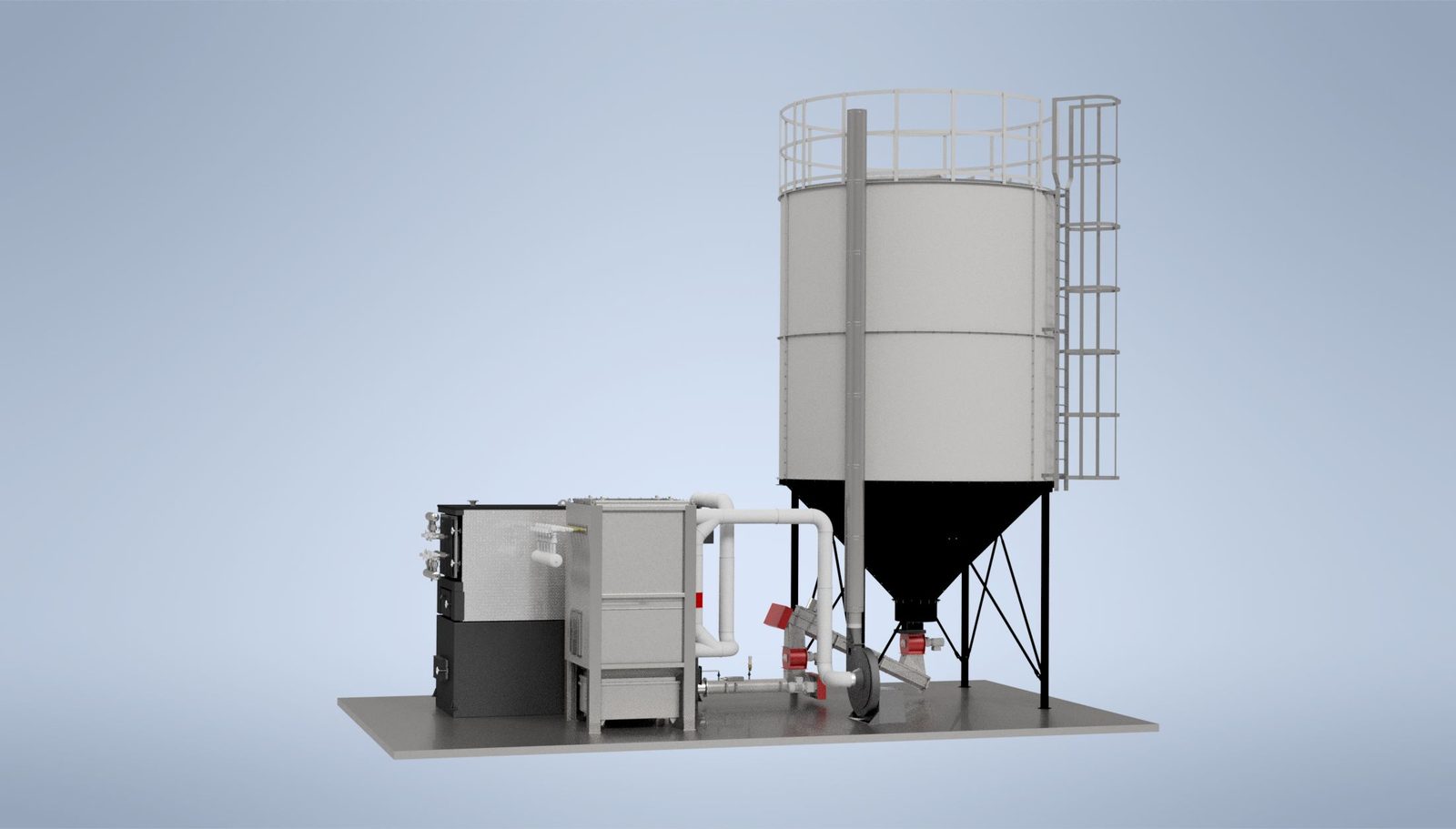 Side view render of a Ranheat MSU 600 wood waste boiler, ceramic filter and 4m 2-ring C50 conical fuel silo