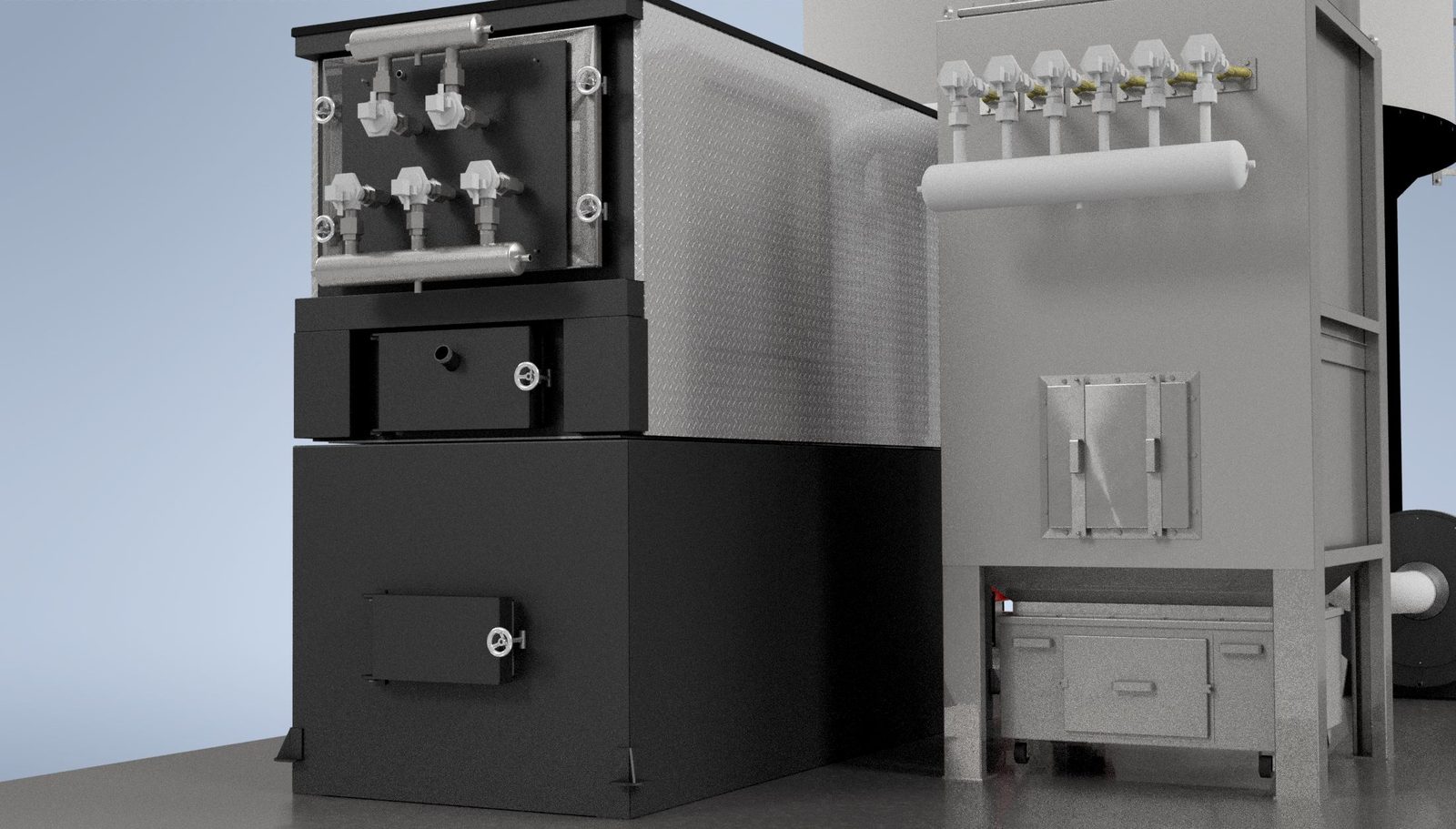 Close-up front render of a Ranheat MSU 600 wood waste boiler and its ceramic filter dust extraction housing