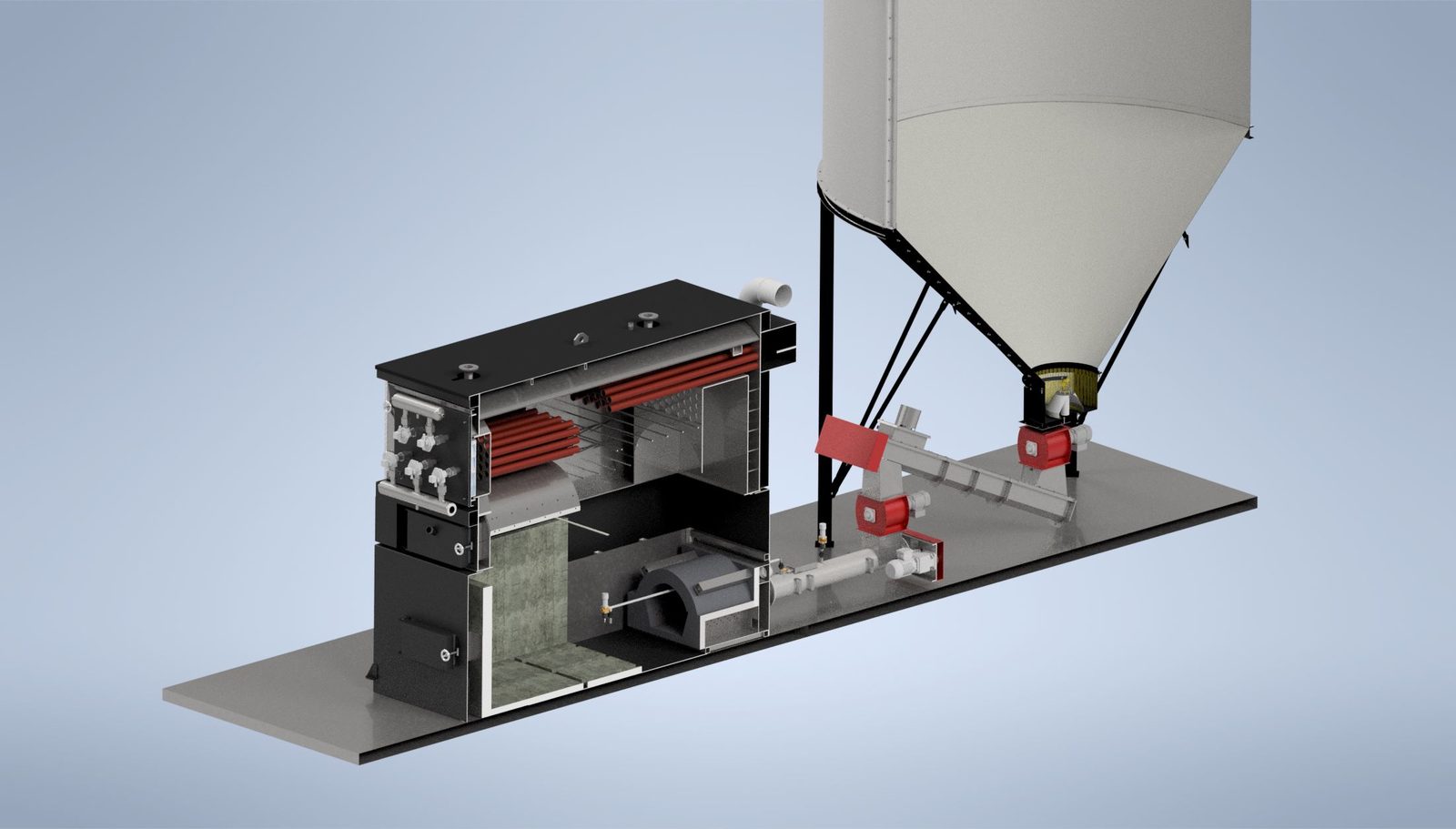 Cutaway render of a Ranheat MSU 600 wood waste boiler showing the combustion chamber, shell-and-tube heat exchanger and silo fuel feed
