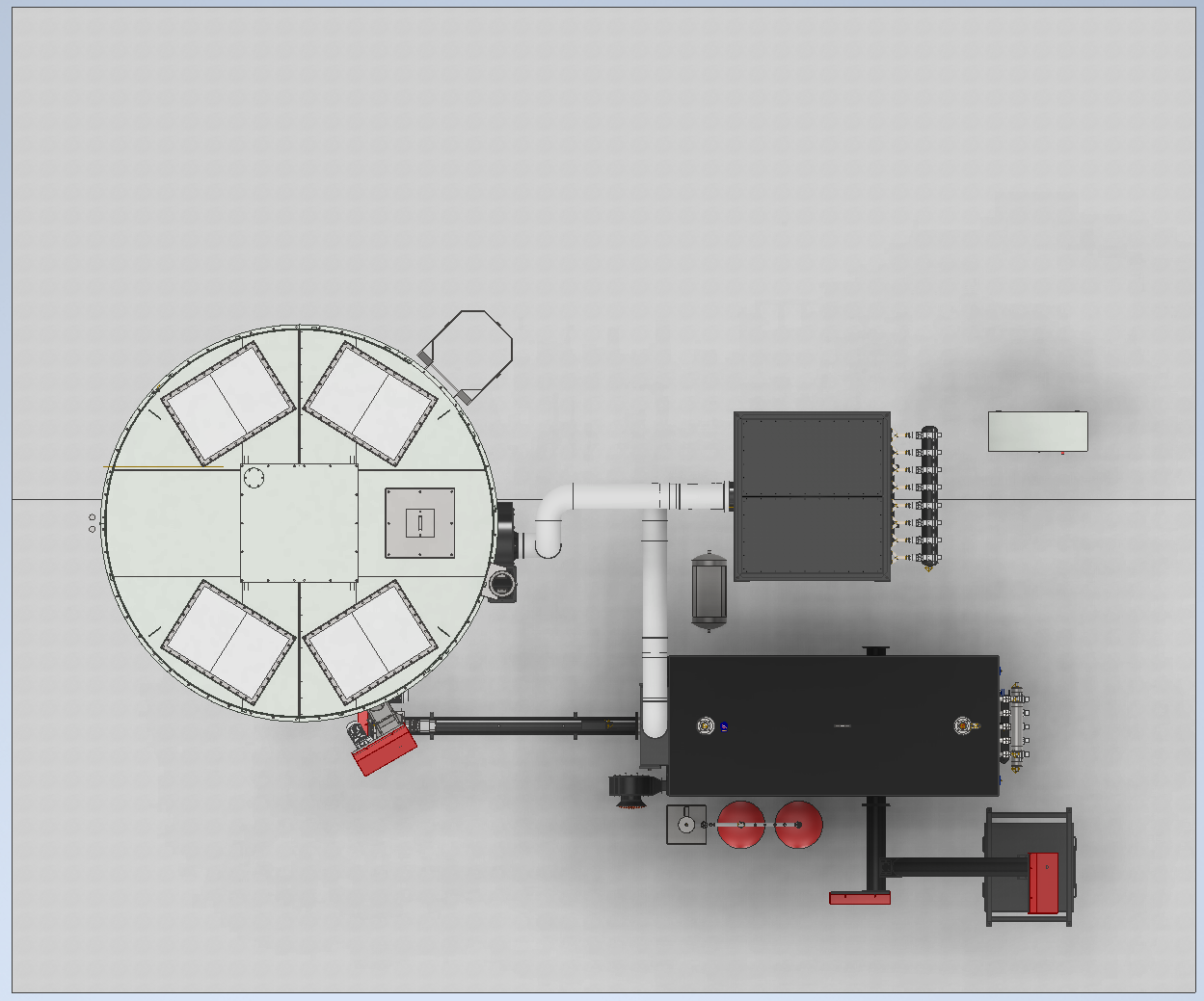 Top-down plan view render of a Ranheat MSU 600 wood waste boiler, multi-cyclone and conical fuel silo layout for a kitchen manufacturer