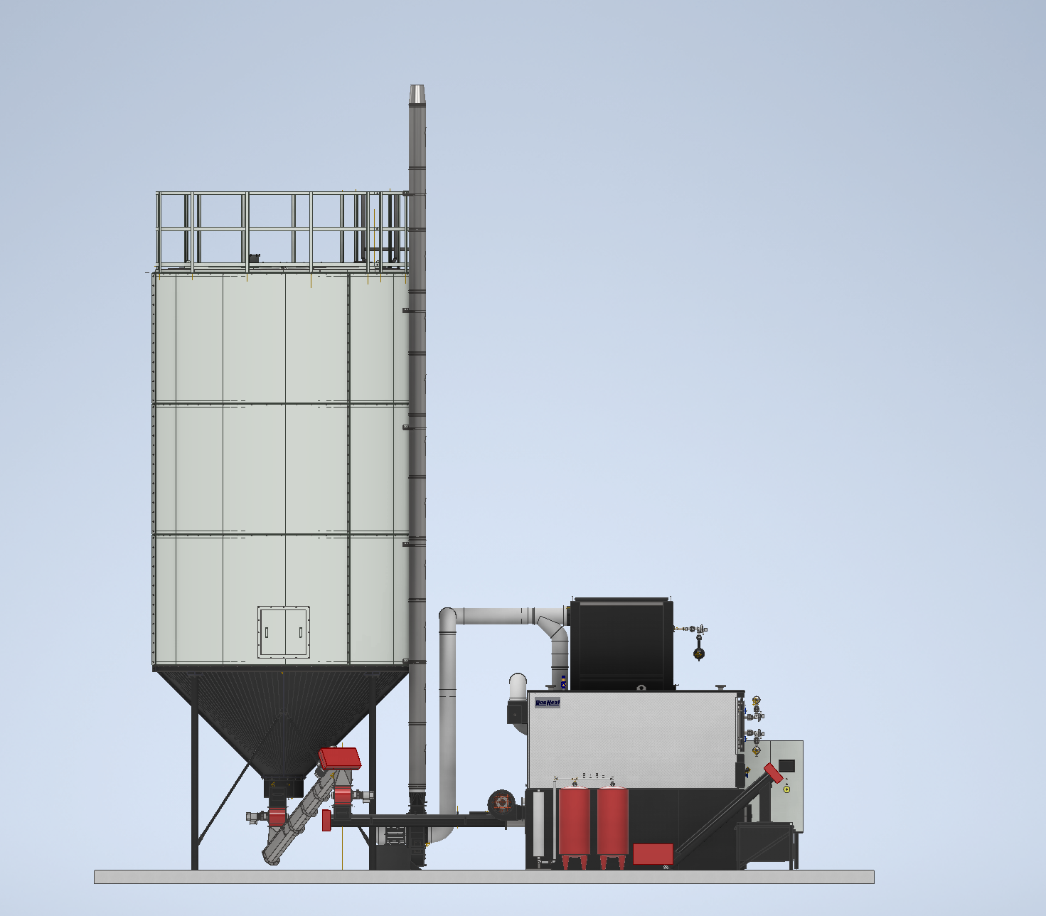 Side elevation render of a Ranheat MSU 600 wood waste boiler with multi-cyclone and tall conical fuel silo for a kitchen manufacturer
