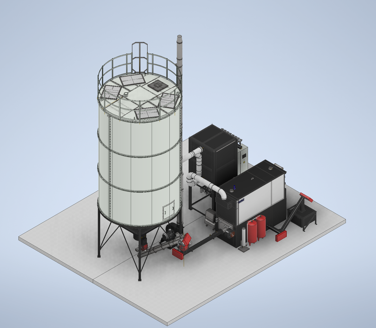 3D isometric render of a Ranheat MSU 600 wood waste boiler and conical fuel silo for a kitchen manufacturer, viewed from the silo side