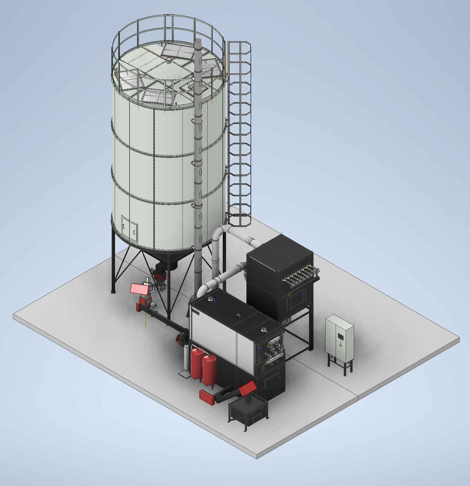 3D isometric render of a Ranheat MSU 600 600kW wood waste boiler with multi-cyclone dust extraction and a tall conical fuel silo for a kitchen manufacturer