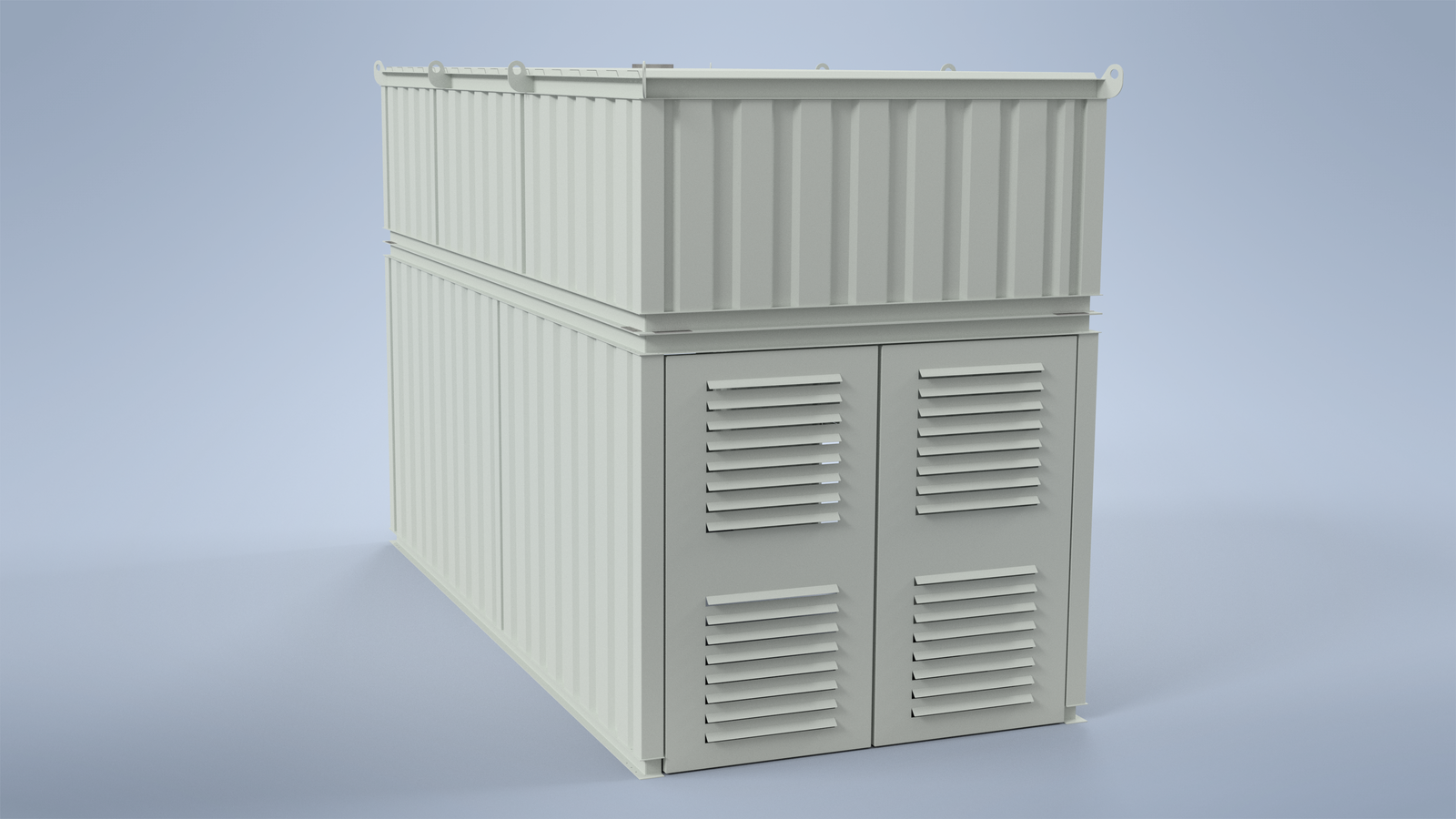 Ranheat MSU 150 biomass boiler housed in a louvred building enclosure with an integrated ceramic filter, general assembly render