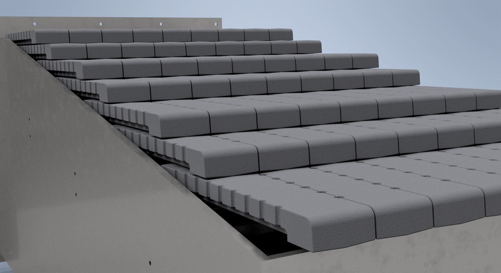 Close-up 3D render of a reciprocating step grate showing the cast iron grate bars arranged in descending steps