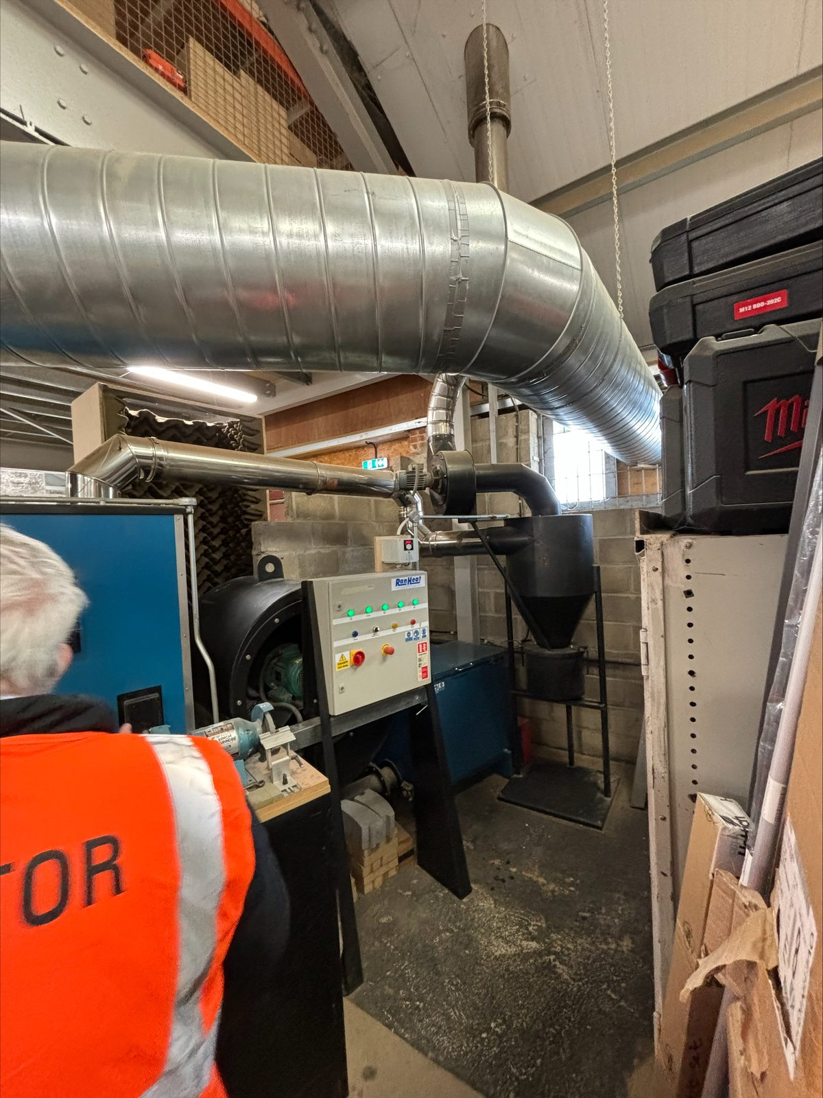 Ranheat WA 150 warm air heater fan housing, cyclone separator and control panel during a 17-year service site visit