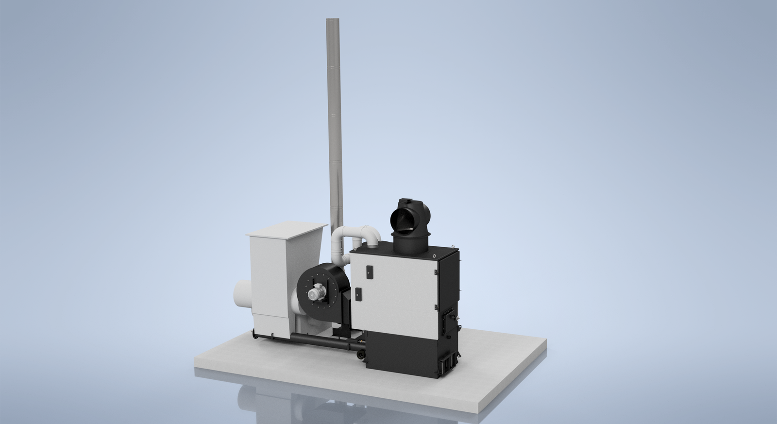 CAD general arrangement render of a Ranheat WA 150 150kW warm air heater with hogger loader fuel handling system