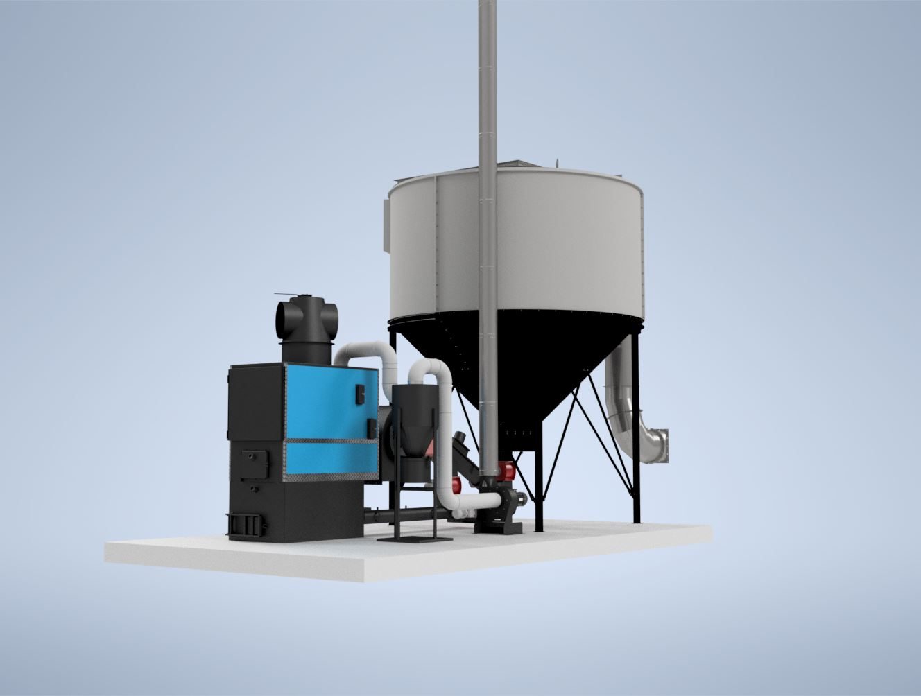 Low-angle 3D render of a Ranheat WA 150 150kW warm air heater with a 3m 1-ring C14 conical silo and cyclone