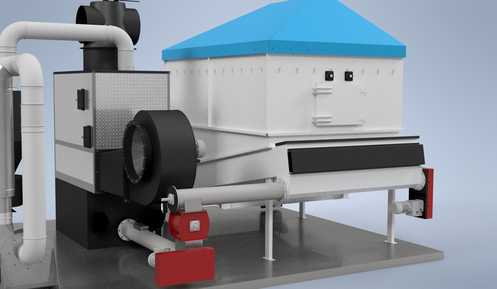 Rear-view 3D render of a Ranheat WA 150 150kW warm air heater with a blue-roofed B10 bunker silo, centrifugal fan and walking-floor discharge