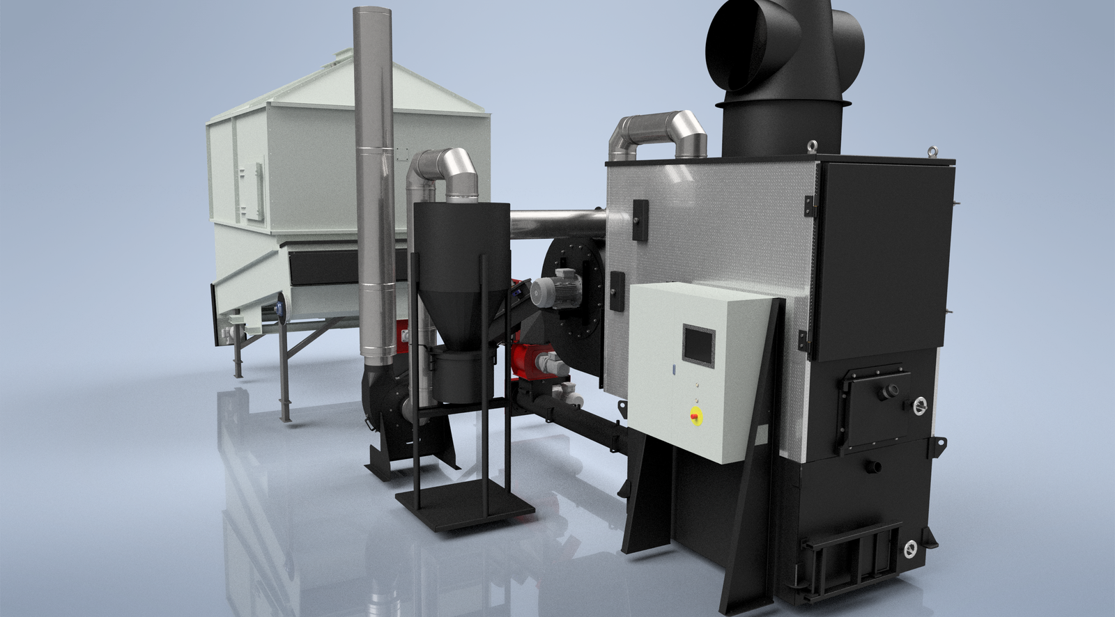 3D perspective render of a Ranheat WA 150 150kW warm air heater with a B10 10m3 bunker silo, cyclone and control panel