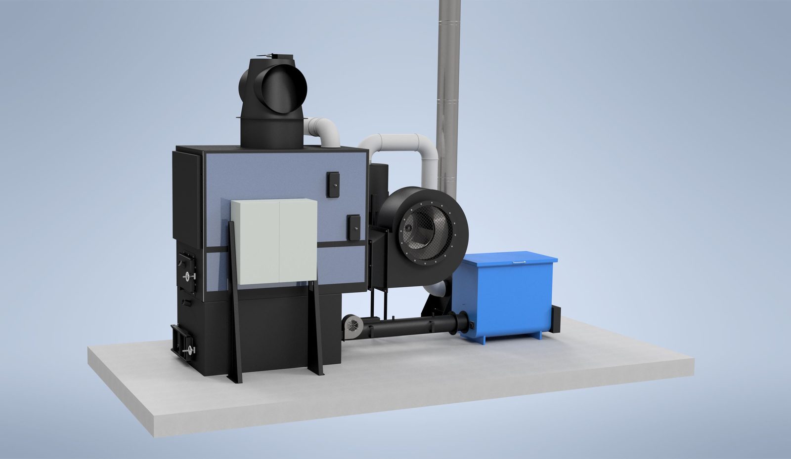 3D perspective render of a Ranheat WA 150 150kW industrial biomass warm air heater with bag loader fuel feed