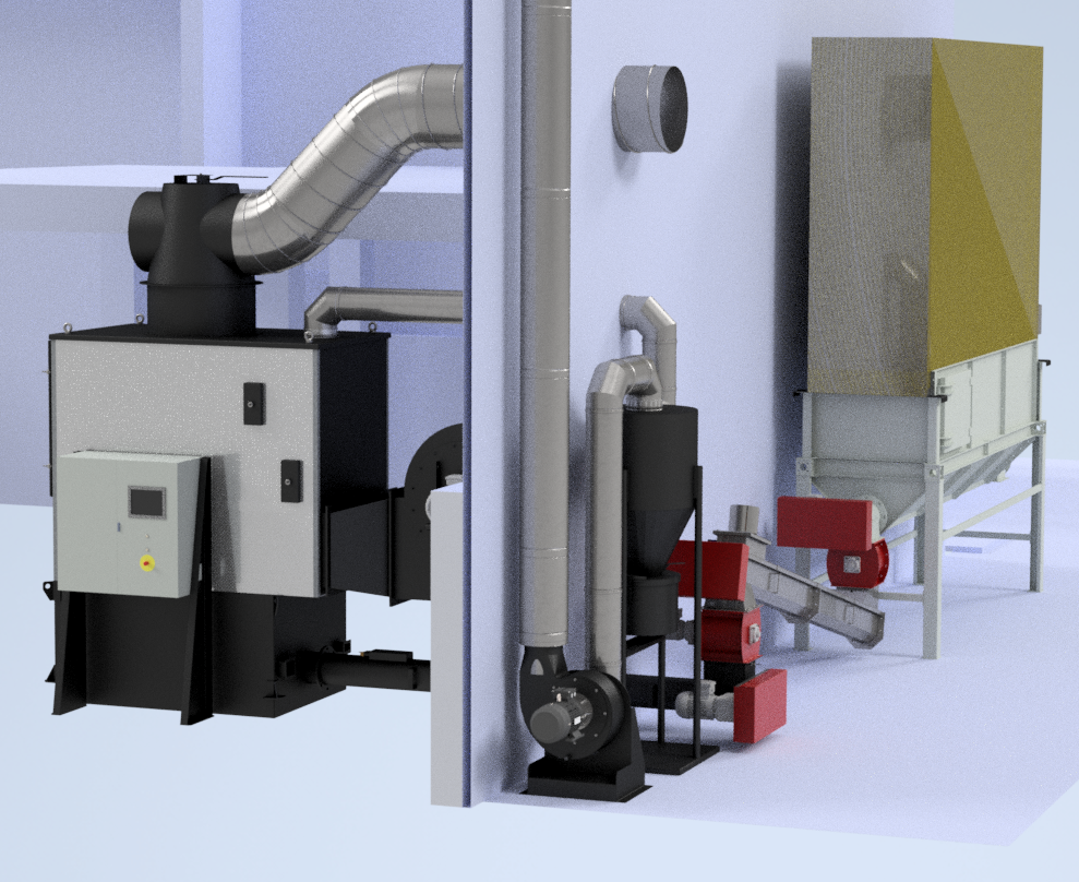 Cropped close-up 3D render of a Ranheat WA 150 warm air heater with a BB-2 baby bunker and transfer screw
