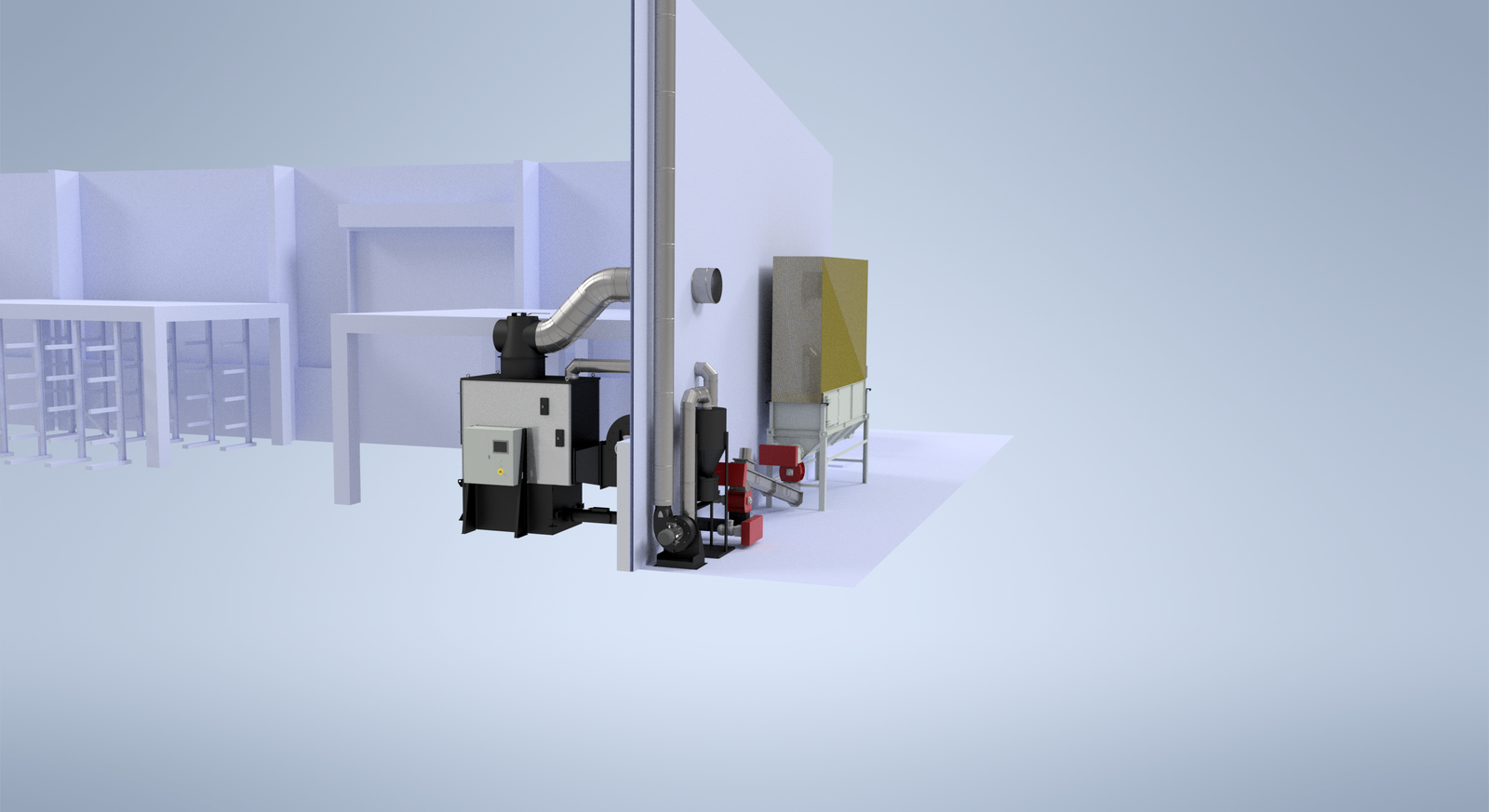 3D render of a Ranheat WA 150 warm air heater fed by a BB-2 baby bunker silo via a transfer screw inside an energy centre