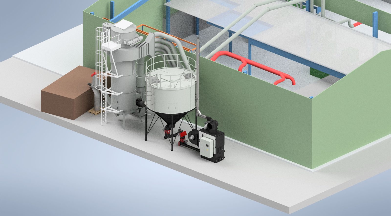 Perspective layout render of a Ranheat WA 150 warm air heater with cyclone and conical silo in the Inoscape plant room