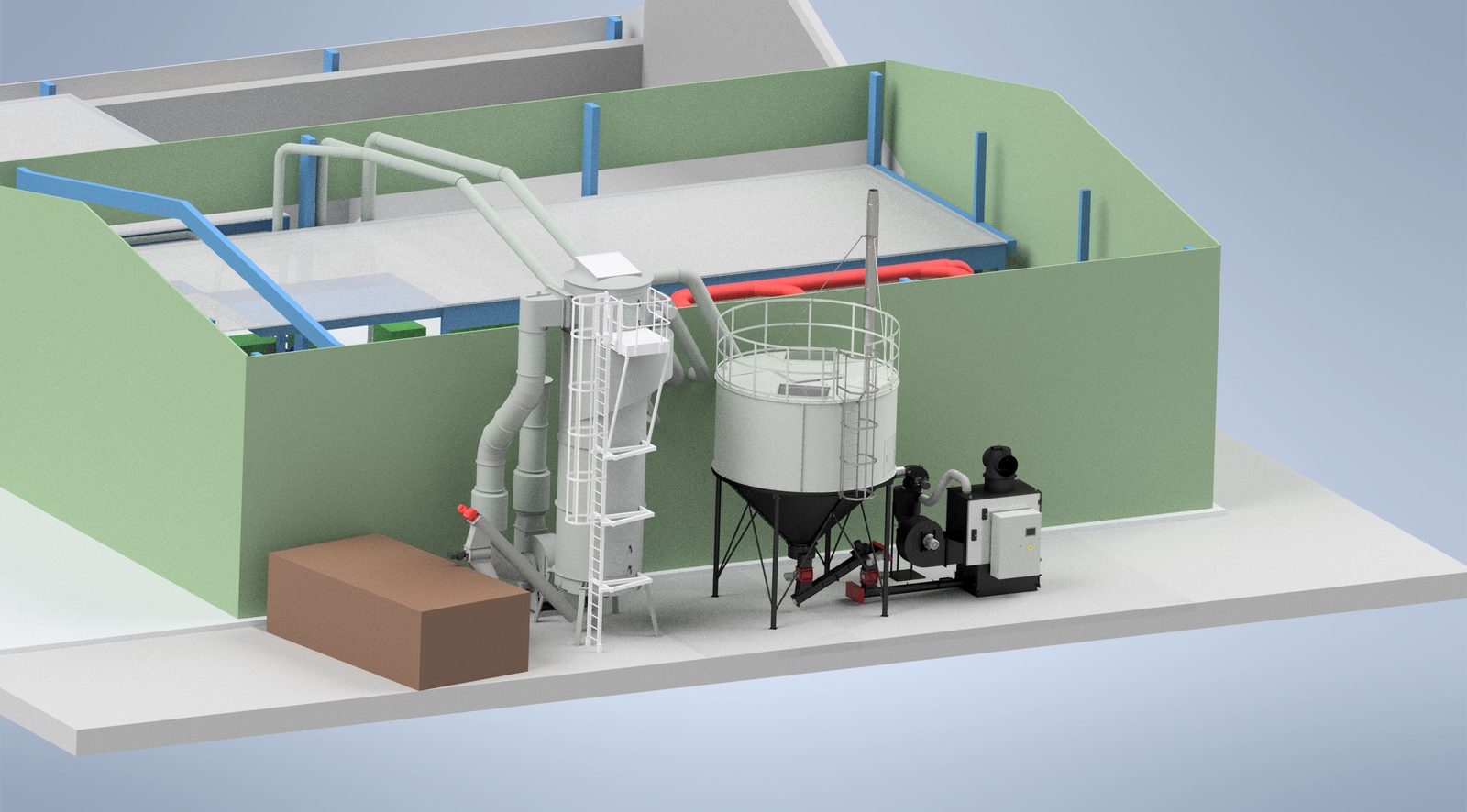 Perspective layout render of a Ranheat WA 150 warm air heater, cyclone and conical silo inside the Inoscape plant room