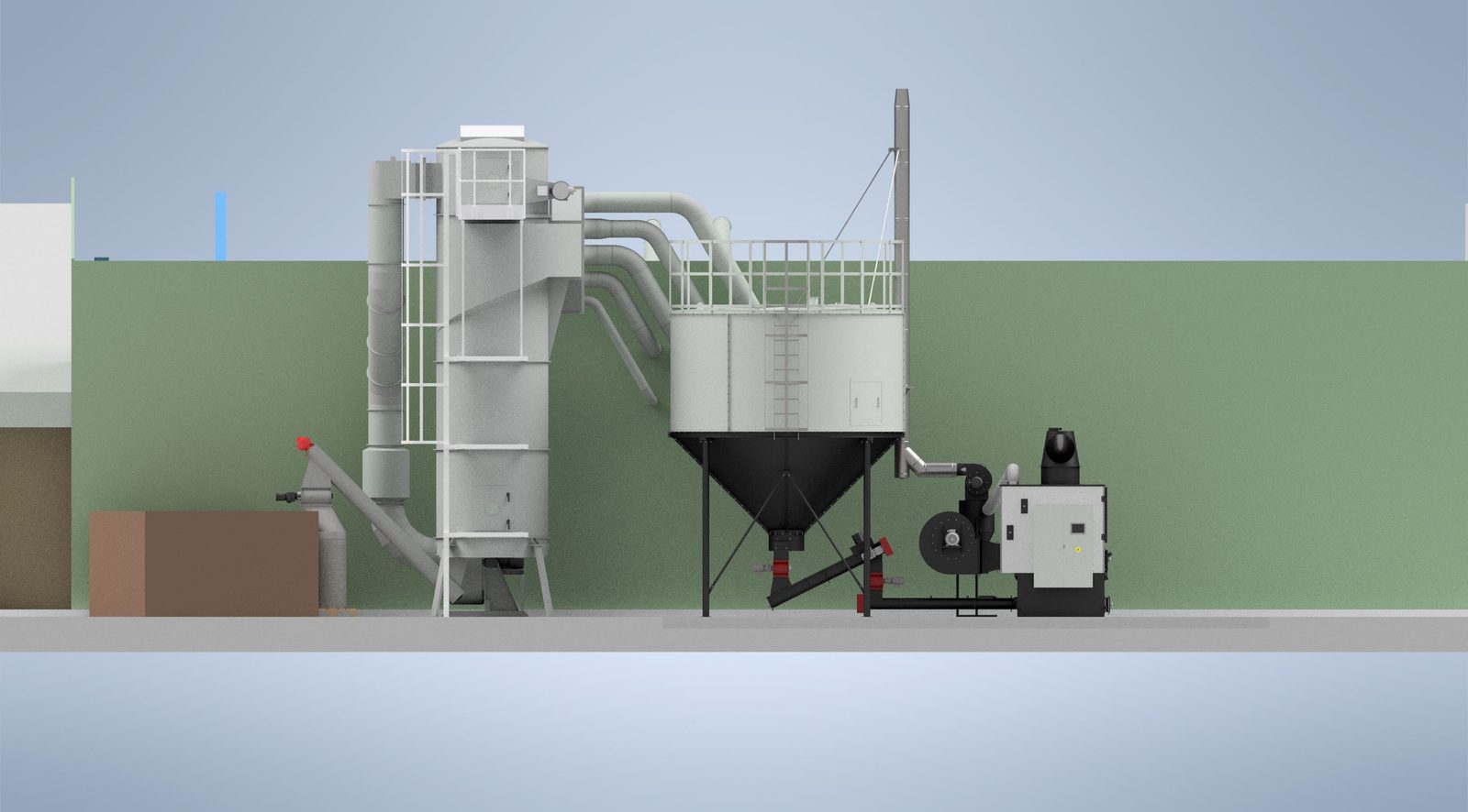 Side elevation layout render of a Ranheat WA 150 warm air heater, cyclone and conical silo in the Inoscape plant room