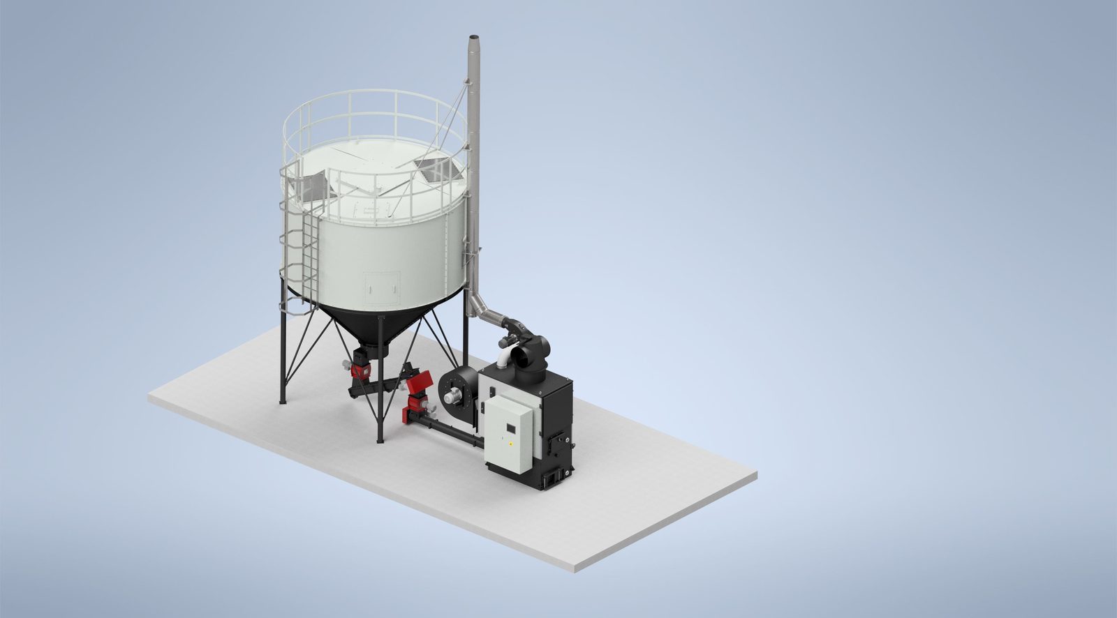 Ranheat WA 150 150kW warm air wood waste heater with 4m conical fuel silo on a concrete base, perspective render
