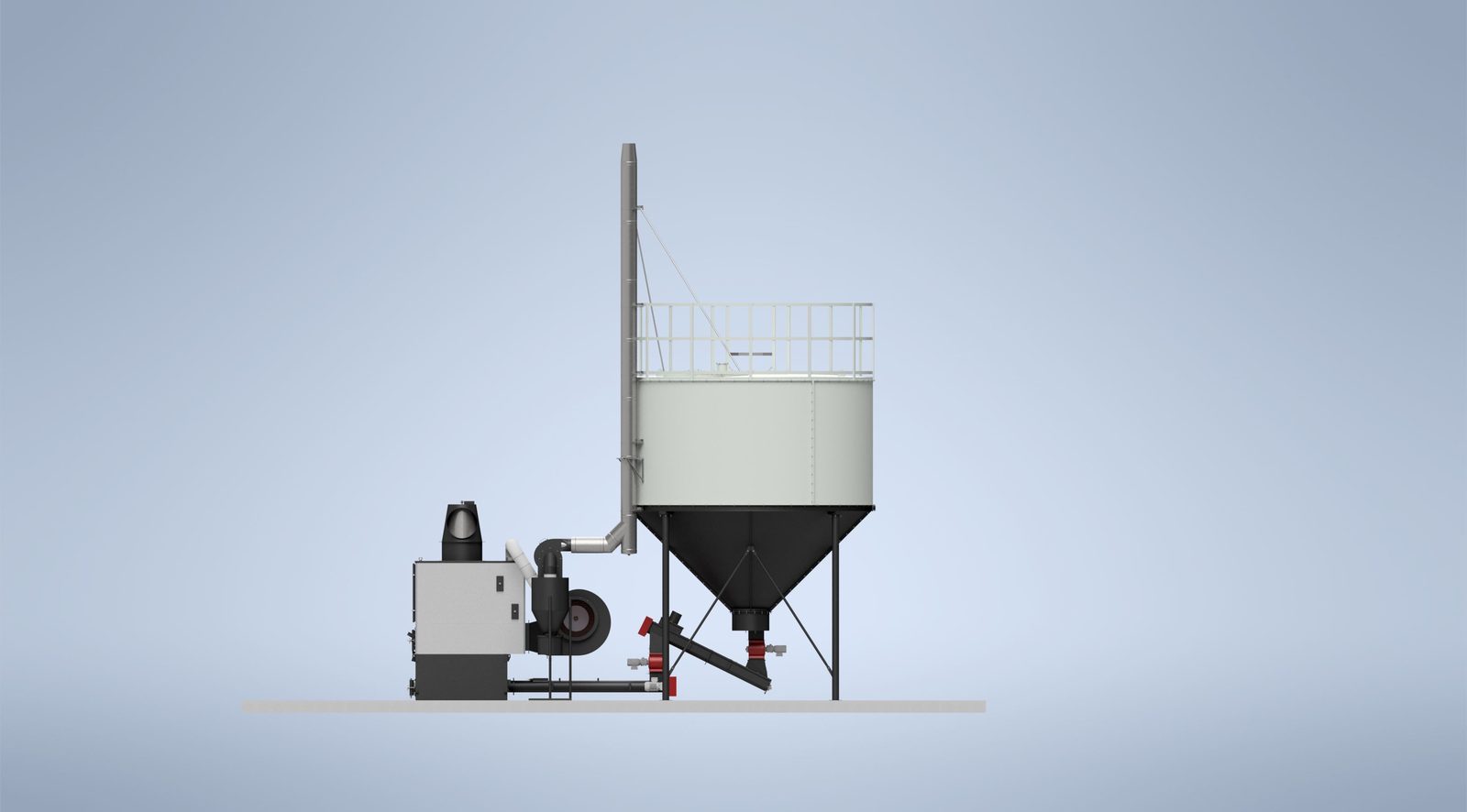 Side elevation render of a Ranheat WA 150 warm air heater alongside a 4m conical fuel silo with flue stack