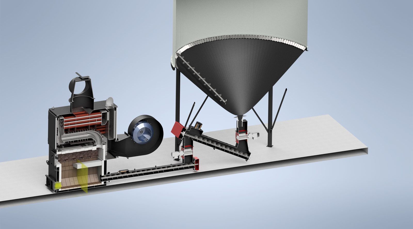 Cutaway render of a Ranheat WA 150 warm air heater and C25 conical silo showing internal fuel feed and combustion
