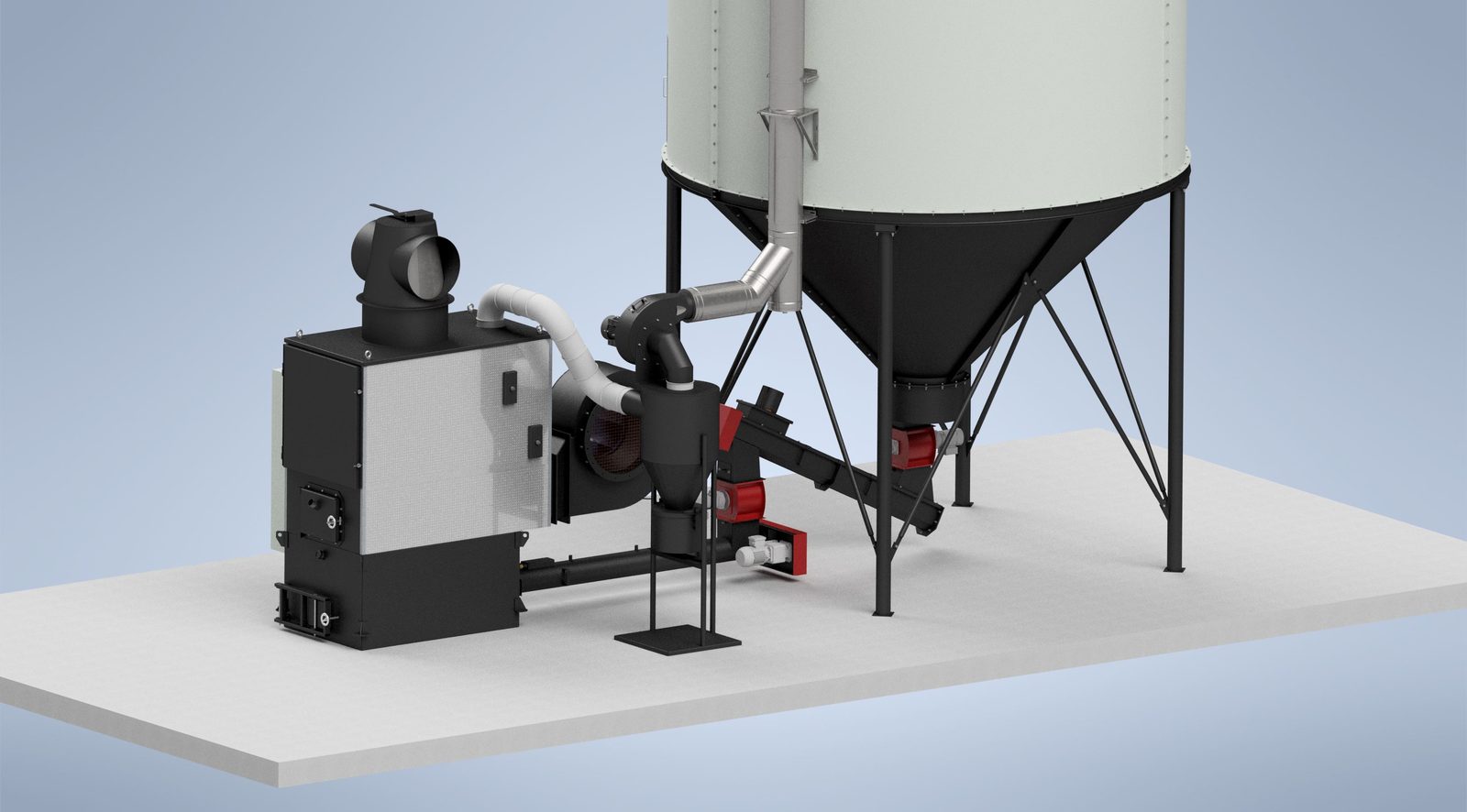 Close-up render of a Ranheat WA 150 warm air heater with silo cone discharge, transfer screw and fan