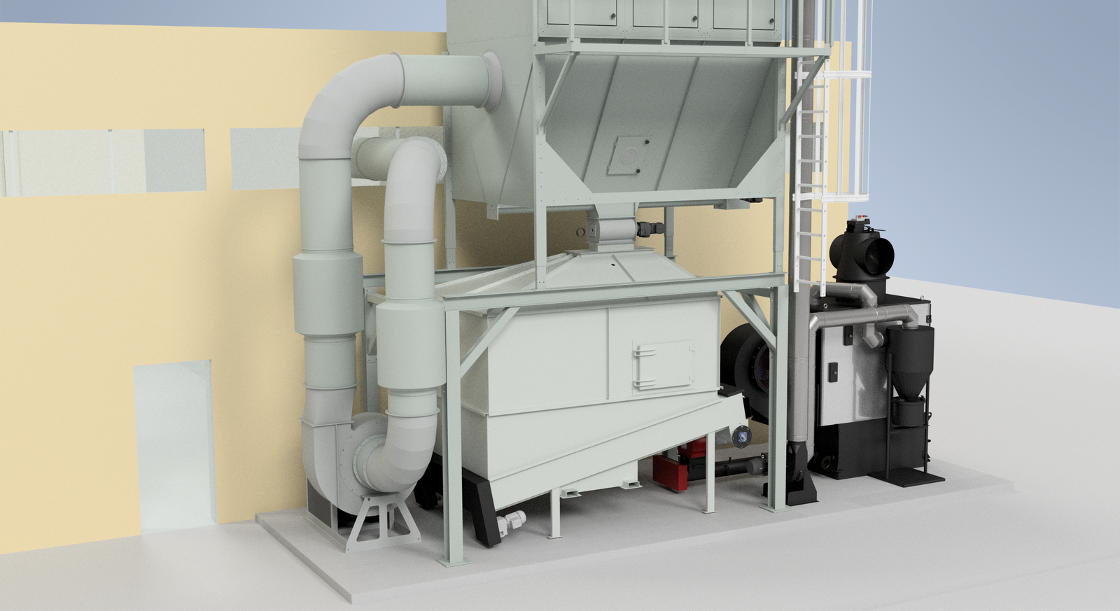 Rear-view 3D render of a Ranheat WA 150 warm air heater at Kustom Designs, with a ceramic filter mounted above a B10 bunker silo and large flue ducting
