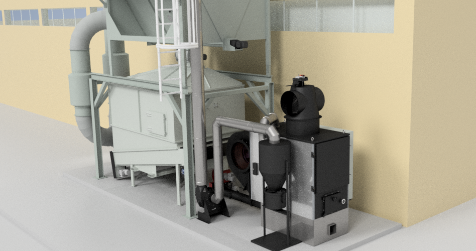 Ranheat WA 150 biomass boiler working layout for Kustom Design with conical fuel silo and cyclone