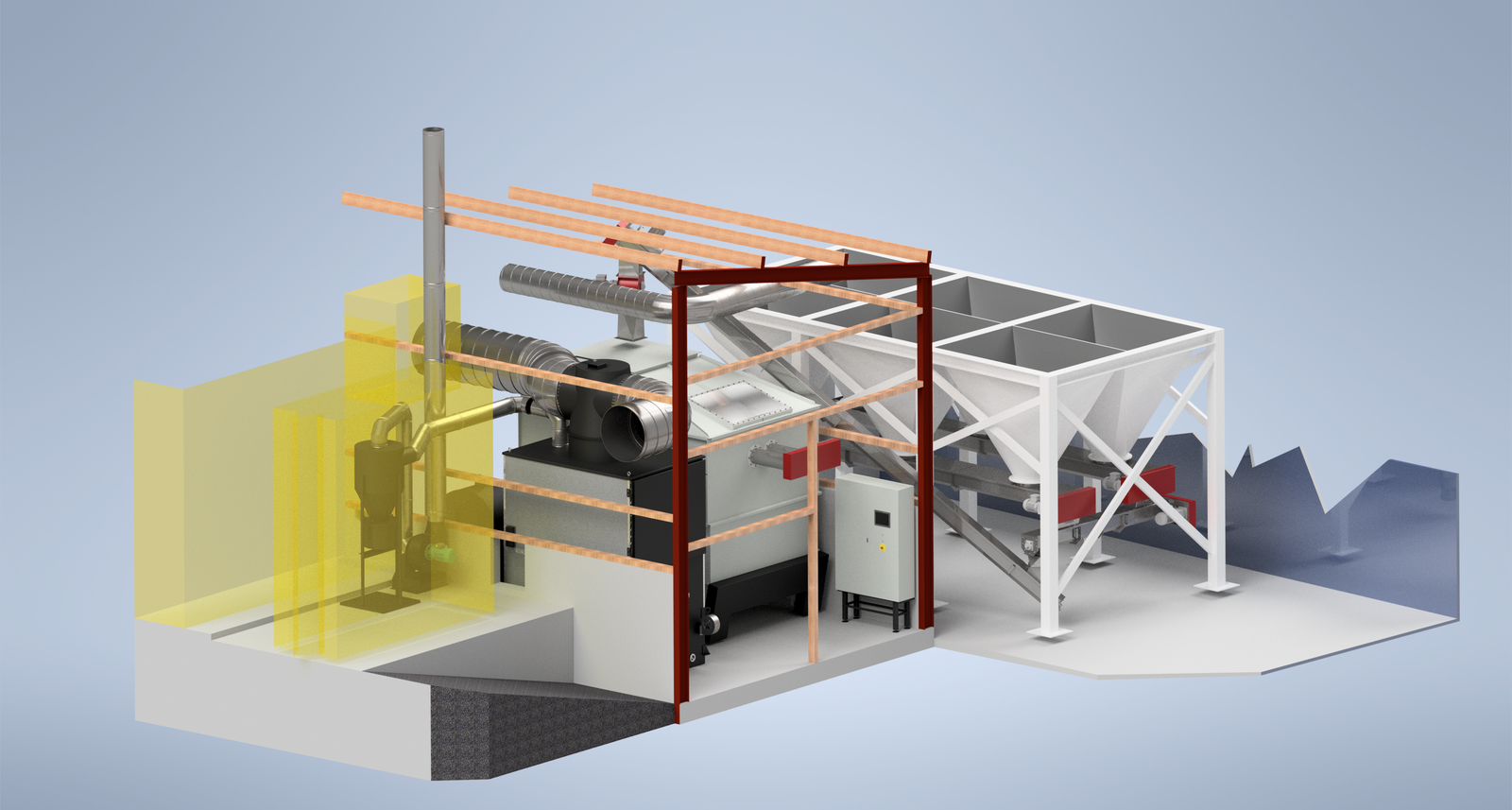 3D cutaway render of a Ranheat WA 300 warm air heater and B10 bunker silo installed inside a workshop building