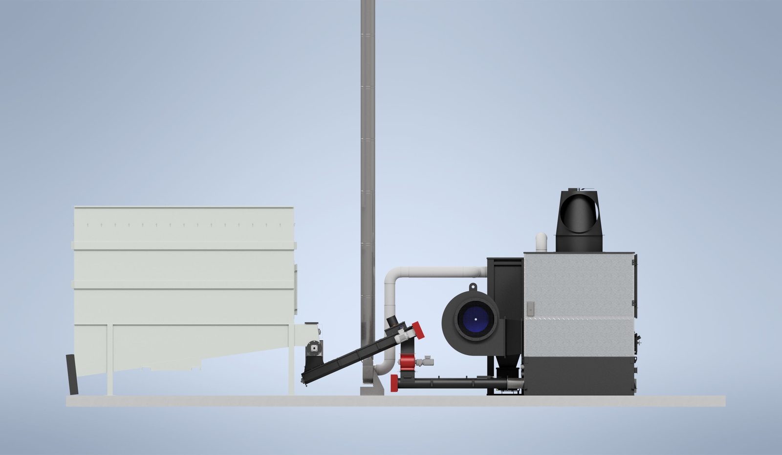 Side elevation 3D render of a Ranheat WA 300 warm air heater with cyclone, extraction fan, chimney and bunker fuel feed