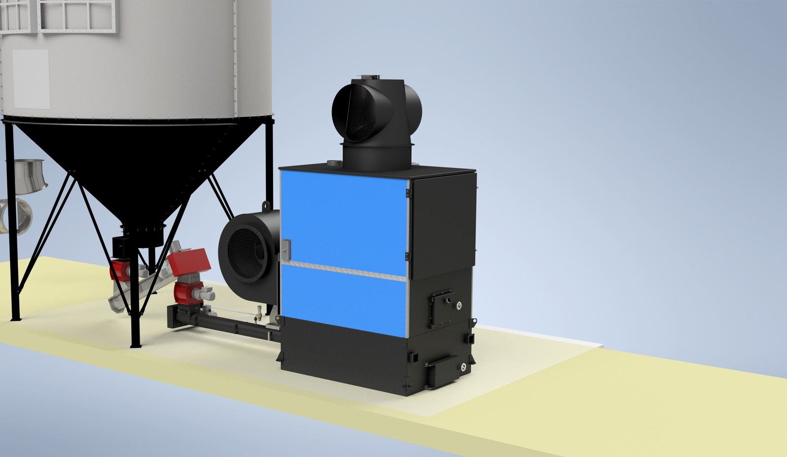 Side-view 3D render of a Ranheat WA 300 warm air wood waste heater with blue livery and a 4m 1-ring C25 conical silo